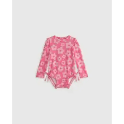 Long Sleeve Tie One-Piece Swimsuit - Baby in Pink Daisy