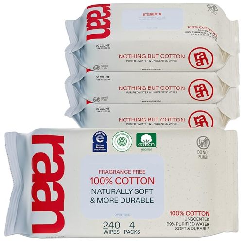 Raan, 100% Cotton Baby Wipes, Unbleached, 99% Purified Water, Unscented, EWG verified, For Extra Sensitive Skin, Naturally Soft and Durable, 4 pack, 240 Count