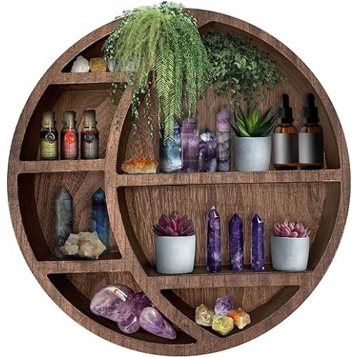 Wooden Crescent Moon Shelf Wall Decor - Decorative Boho Home Hanging Display Shelf for Bedroom, Dorm, Nursery - Easy Mount Storage for Crystals and Essential Oils - 14 x 14 x 3.5 (Brown)