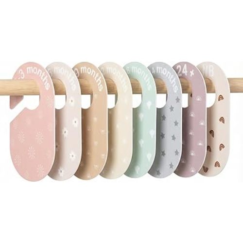 Qianyu 8 PCS Baby Closet Divider Baby Clothes Organizer Double-Sided Nursery Hanger Toddler Wardrobe Organizer Age Separator Labels Boho Room Decor for Newborn Clothing to 24 Months