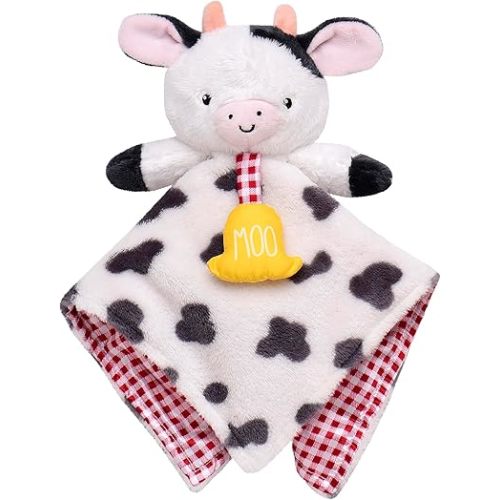 Baby Starters Plush13 in. Snuggle Buddy Blanket with Crinkle, Rattle and Satin, Farm Cow, Black and White with Red Gingham