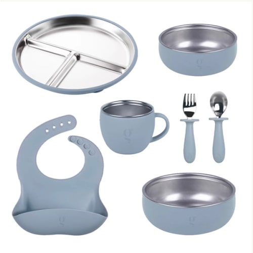 Premium 7-Piece Silicone & Stainless Steel Kids Dinnerware Set | Feeding Set