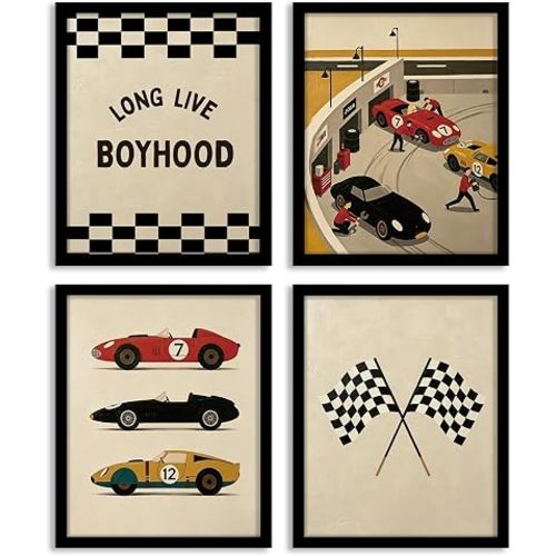 DSHFG Vintage Kids Nursery Race Car Decor Playroom Wall Art Set of 4