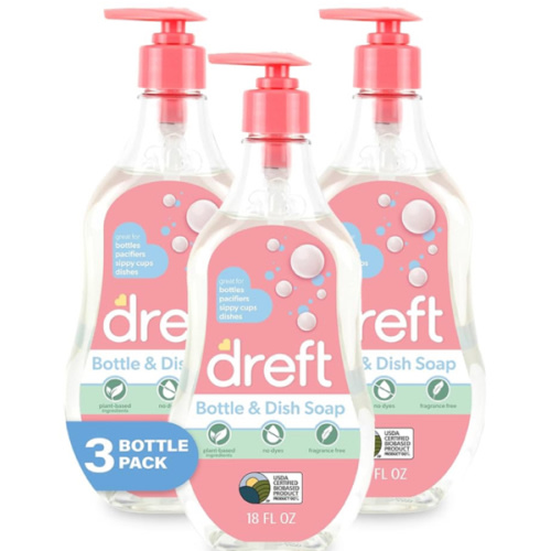DREFT Bottle and Dish Soap | Made to Clean Baby Bottles, Sippy Cups, Pacifiers, Breast Pumps, & More | Gently Removes Milk Film & Odors | Plant Based, Fragrance Free Dish Soap | 18 Fl Oz (Pack of 3)
