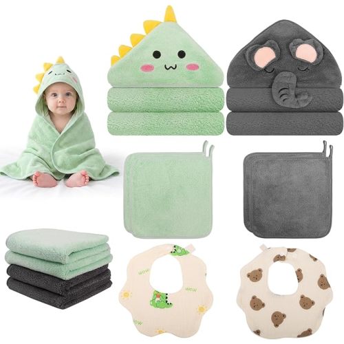 8 Pcs Baby Hooded Towel Set Animal Bath Towels Washcloths Bibs
