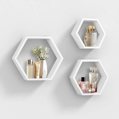 AHDECOR Hexagon Floating Shelves, Set of 3 White Hexagon Wall Shelves | Modern Honeycomb Floating Shelves for Living Room, Bedroom, Office | Hexagonal Wall Organizer Hanging Shelf