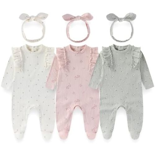 Baby Girls 3-Piece Cotton Floral Outfit Set with Headband Soft Infant Romper Newborn baby clothes