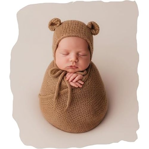Baby Photography Props Infant Boy Girl Outfits - Crochet Knit Mohair Wrap Blanket & Bear Hat for Newborn Photo Shoots (Khaki)