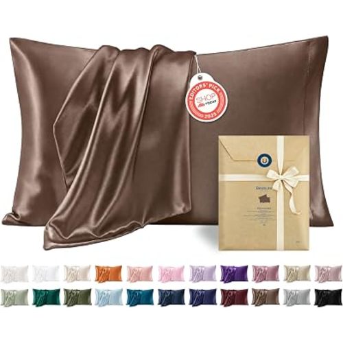 Bedsure Satin Pillowcases King Set of 2, Similar to Silk Pillow Cases Brown
