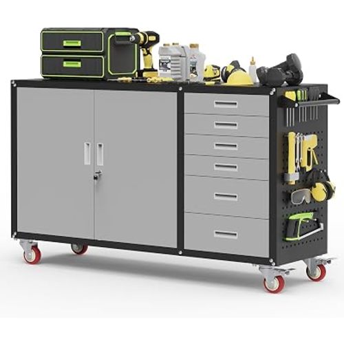 55"W Heavy Duty Rolling Workbench with Drawers and Storage,1000 LBS Capacity Work Bench with Lockable Cabinet & Adjustable Shelf,Garage Workbench with Pegboard & Wheels for Garage/Repair Shop