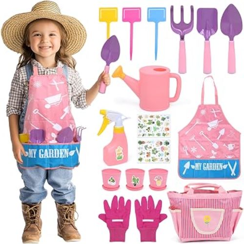 CUTE STONE Kids Gardening Set, Garden Toys with Metal Kids Rake, Shovel, Trowel, Watering Can, Gloves, Tote Bag, Gardening Kit for Toddlers, Outdoor Playset Spring Summer Toys for Girls Boys