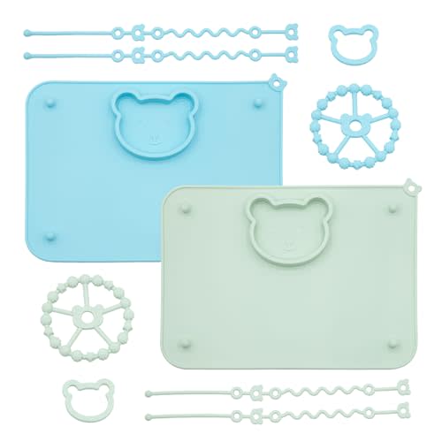 2 Pack Baby Silicone Mat with Suction Base and 4 Stretchable Straps, 6 Strong Suction Cups, Baby Placemats, Activity Mat for Infants to Toddlers, Keeps Babies Essentials Off The Floor Green Blue