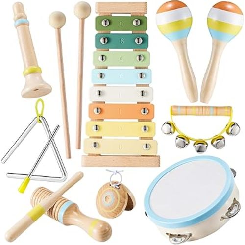 Baby Musical Instruments Set Montessori Wooden Music Toys for Toddlers 3 4 5 Neutral Color Percussion Music Kit with Drum, Xylophone,Storage Bag, Birthday Preschool Learning Gift for Boys Girls