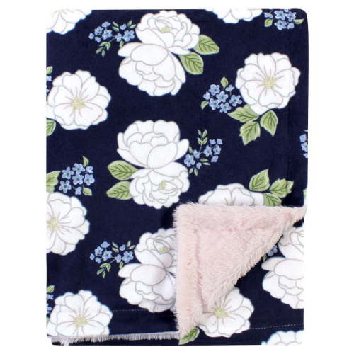 Hudson Baby Infant Girl Plush Blanket with Furry Binding and Back, White Peonies, One Size