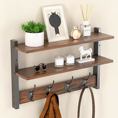 Two Tier Wall Shelf with Hooks, 17" Coat Rack Wall Mount with Shelf, Entryway Key Hooks for Wall with Heavy Duty Double Hooks, Rustic Coat Hook Wall Mounted for Bedroom, Living Room