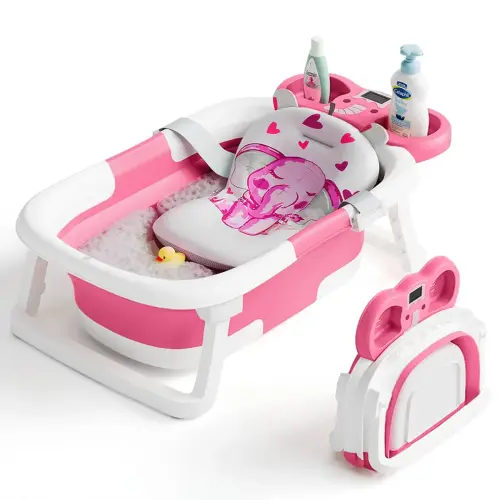 Collapsible Baby Bathtub | Real-Time Temp Monitor, Floating Cushion, Foldable Travel Tub for Newborns & Toddlers - TikTok Shop