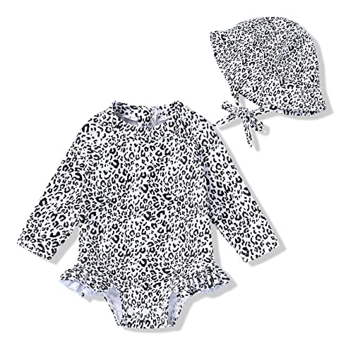 Infant Baby Girl Swimsuit One-Piece Long Sleeve Rash Guard with Hat Set Floral Zipper Bathing Suit Leopard Beach Wear