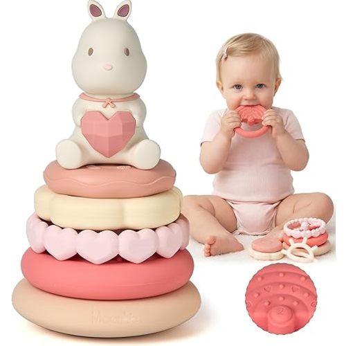 Moonkie Bunny Baby Stacking Toys | 7-Piece Silicone Rings for Teething Relief | Educational Toy for Infants & Toddlers 6 Months+ | Baby Shower or Birthday Gift for Girls
