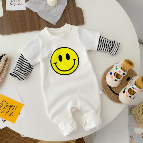 LOVE Baby Striped Sleeve Smiley Romper