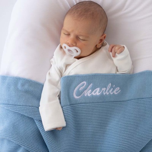 Personalised Blue Baby Blanket Knitted | One Little Day