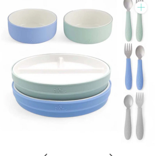Kids Porcelain Mealtime Bundle | Normal Sleeves | 7.8" Plates, Bowls + Toddler Utensils | 10 Pcs | Sage/MistyBlue