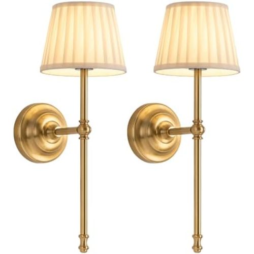 KDG Gold Cordless Wall Sconces Set of 2, Beige Fabric LED Wall Lamps