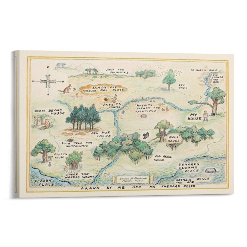 Vintage Hundred Acre Wood Map Art Print, Classic Winnie the Pooh Wall Decor, Nursery Storybook Map Waterproof Vinyl Fabric Canvas HD Print