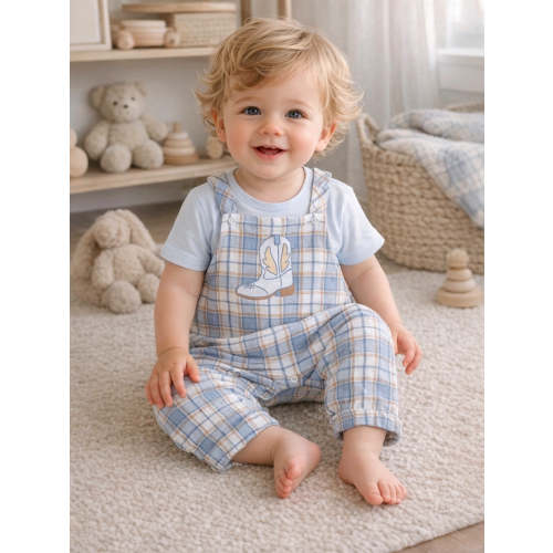 Crew Neck Tee with Overalls, Western Boot Plaid