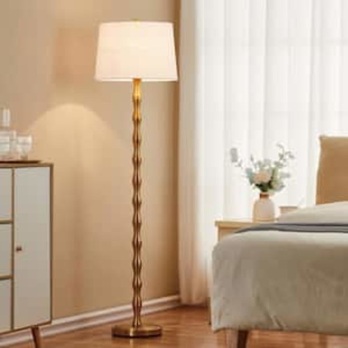 61 in. Gold Standard Floor Lamp with White Fabric Shade for Living Room