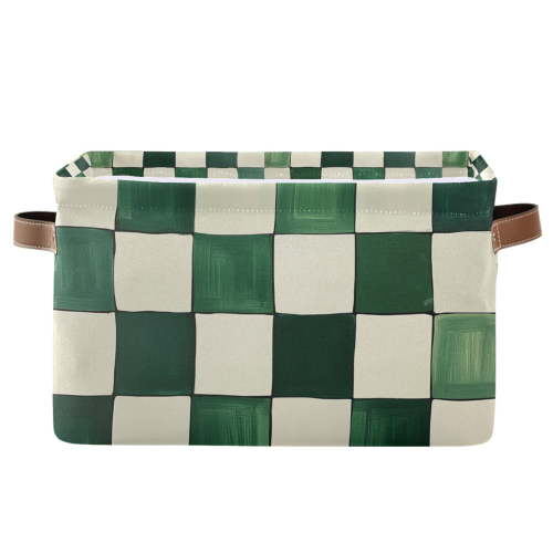 Yayeee Canvas Storage Basket with Handles for Shelves Fabric Bins Closet Organizer, Green and White Plaid Pattern