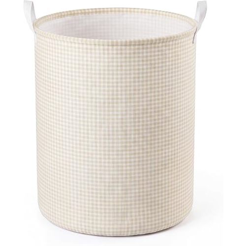 Beige Gingham Laundry Hamper, Collapsible Basket with Handles