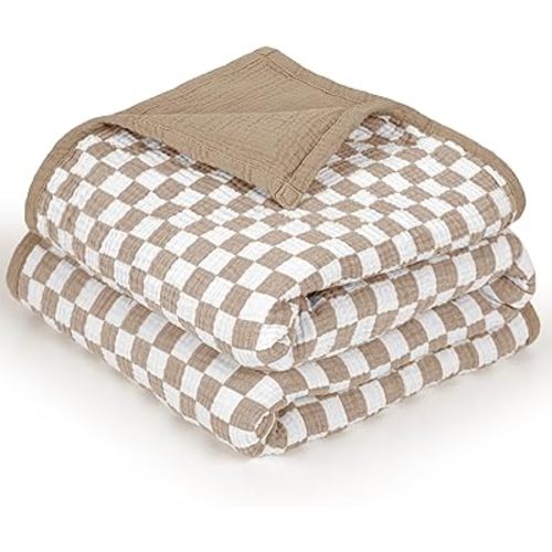lulumoon Muslin Checkered Baby Blankets：Lightweight Cotton Toddler Blanket - Ideal for Stroller 47"x47"（Caramel Checkered）