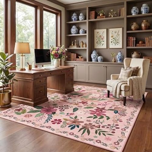 4x6 Area Rug Pink, Floral Rugs for Living Room, Lightweight Non Slip Washable Rug, Indoor Low Pile Boho Design Rugs for Bedroom Living Room Dining Room Pink