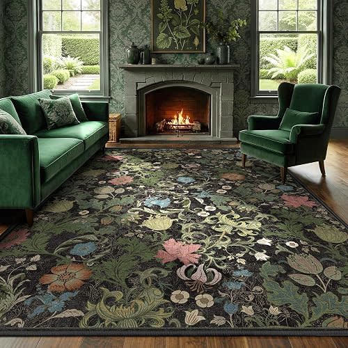 Deerly Floral Rug 5x7, Vintage Washable Area Rug for Bedroom, Black Green