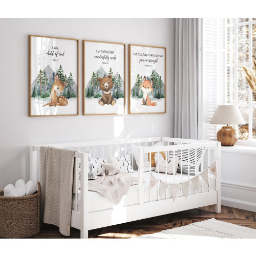 Baby Scripture Nursery Decor Wall Art Prints Woodland Prints, Forest Animal Prints Mountains Artwork Set of (3) UNFRAMED Prints or Canvas