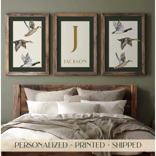 Mallard Duck Initial Print Set of 3 Piece Wall Art Boy Nursery Duck Hunting Print Mallard Name Print Boy Monogram Triptych Mallard Duck Art