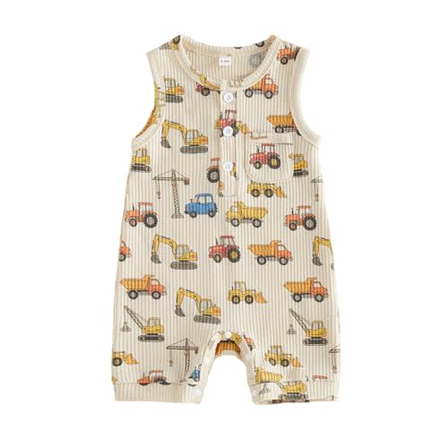 Baby Boy Farm Clothes Construction Excavator Tractor Tank Romper | Sleeveless Onesie Jumpsuit,Infant Summer Outfit,Baby Construction Outfit,Baby Boy Tractor Clothes