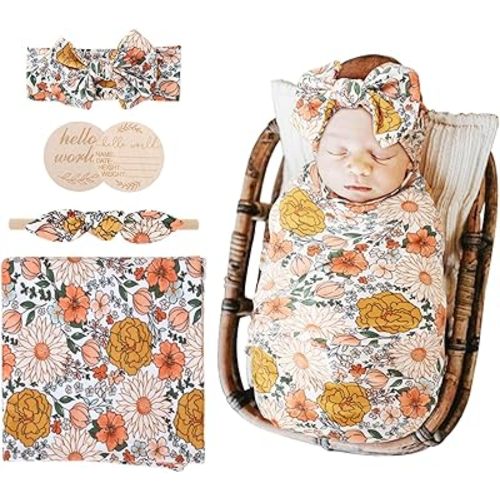 AQOKKA Newborn Receiving Blanket with Bow Hat Headband Wooden Card Set Newborns Toddler Baby Boy Girl Nursery Swaddle Wrap