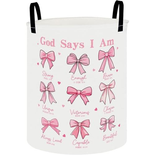 Collapsible Round Storage Basket, Waterproof Soft-Sided Organizer(Pink Bow Art)