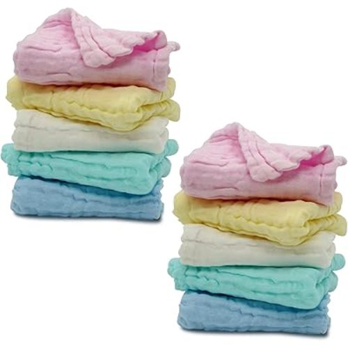 Pack of 10 Baby Muslin Washcloths Set (12”x12”), 6 Layers Multi-Colored Baby Washcloths Made of 100% Organic Cotton Highly Absorbent and Ultra Soft Wash Cloths for Your Baby