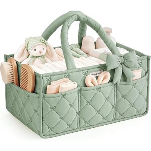 Blissful Diary Baby Diaper Caddy Organizer, Nursery Basket, Bow Sage Green
