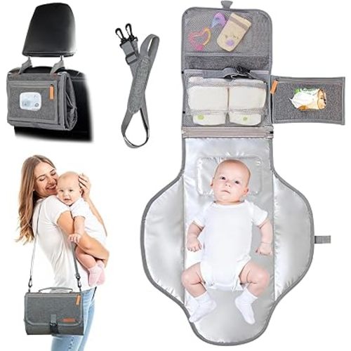 Portable Diaper Changing Pad - Baby Diaper Changer Travel Bag with Wipes Pocket, Smart Design Portable Changing Mat, Infant Travel Station Kit, Gift for Newborn Girl & Boy (Grey)