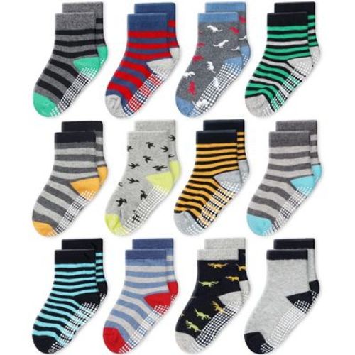 Cozyway Non-Slip Crew Grip Toddler Socks, 12 Pack for Boys, Stripes & Dinosaur Design, 3-5 Years Old