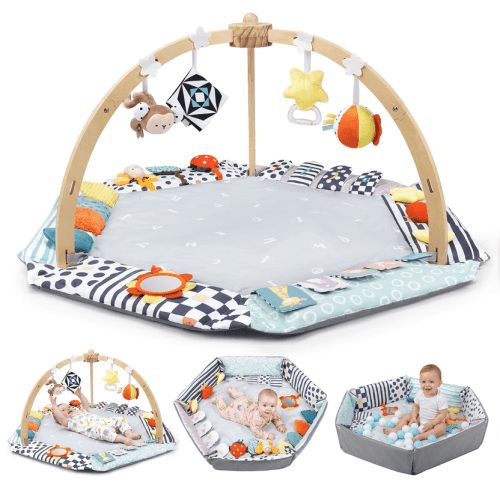 PRVAETU Baby Play Mat with Foldable Raised Edges, 6-in-1 Activity Center & Wooden Gym,Convertible Ball Pit, Sensory Playmat for Newborn 6-18 Months