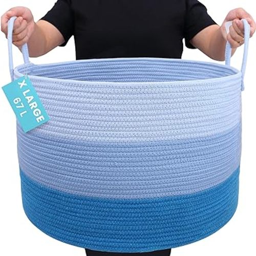 OrganiHaus Large Woven Storage Basket for Blankets and Toys 20" x 13" Inch, Rope Laundry Basket with Handles, Cushions & Pillows Storage Bin, Nursery Hamper, Soft Round Dog Toy Bin - Blue