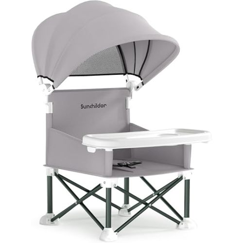 Portable Baby Booster Seat with Removable Tray & Canopy - 3 Point Safety Harness, Compact Fold for Travel, Indoor Outdoor Use for Infants & Toddlers, Gray
