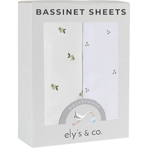 Ely's & Co. Patent Pending Waterproof Bassinet Sheets, 100% Cotton with Waterproof Lining, Built in Bassinet Mattress Protector – 2 Pack Fitted Sheet Set, Berry and Cluster Dot (Sage) 32” x 16”