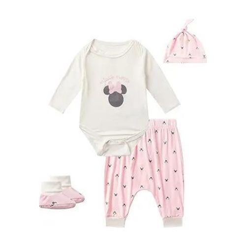 Disney Minnie Mouse Baby Girls 4 Pack Bodysuit with Booties, Hat and Pants Set for Infant