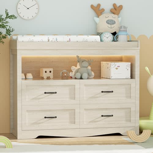 QUNTTINA Baby Changing Table with Changing Table Top for Infants Nursery Dresser Chest with 4 Drawers Storage Changing Station Dresser with LED Light Diaper Changing Station Nursery Organizer,Beige