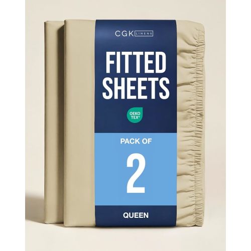 Queen Fitted Sheet - Pack of 2 Single Fitted Bottom Sheet Only - Beige